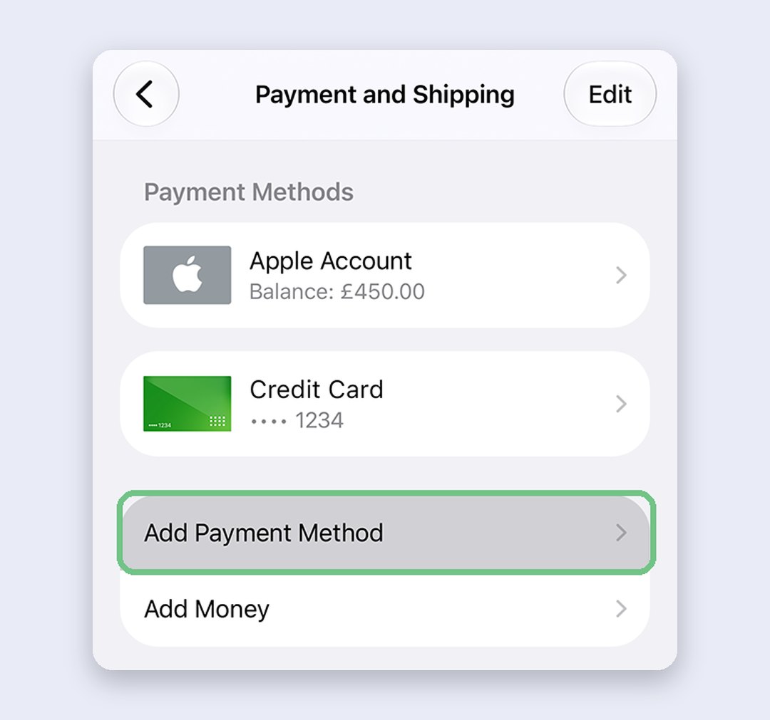 The Payment and Shipping screen on iPhone with an Apple Account balance and a credit card listed, the Edit button at the top and Add Payment Method highlighted
