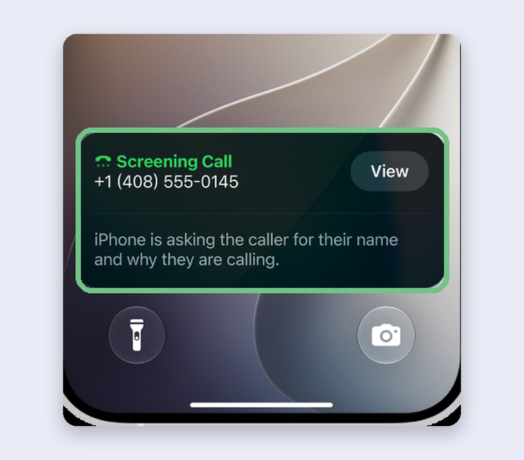 The iPhone Lock Screen showing a Screening Call notification: iPhone is asking the caller for their name and why they are calling, with a View button