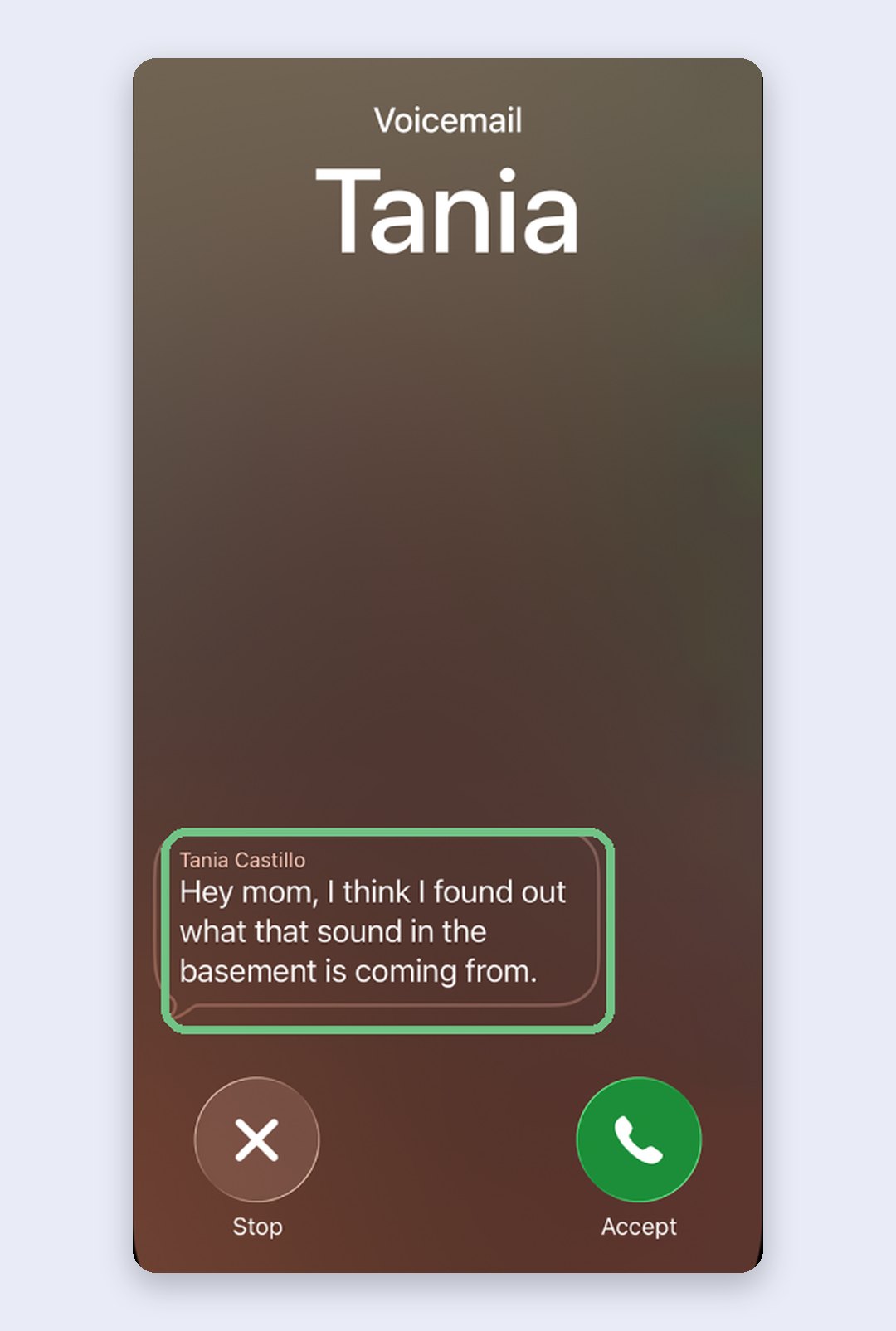 A Live Voicemail call on iPhone with the caller's words transcribed live on screen, and Stop and Accept buttons below