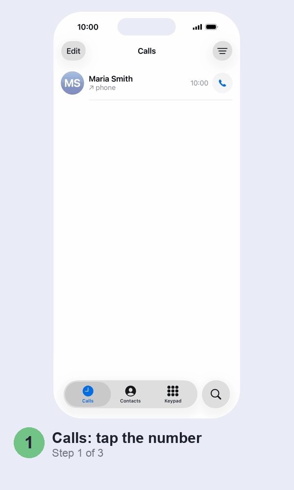 Animated walkthrough: tapping a number in the Phone app's Calls list, then Block Contact on the contact card, then confirming Block Contact