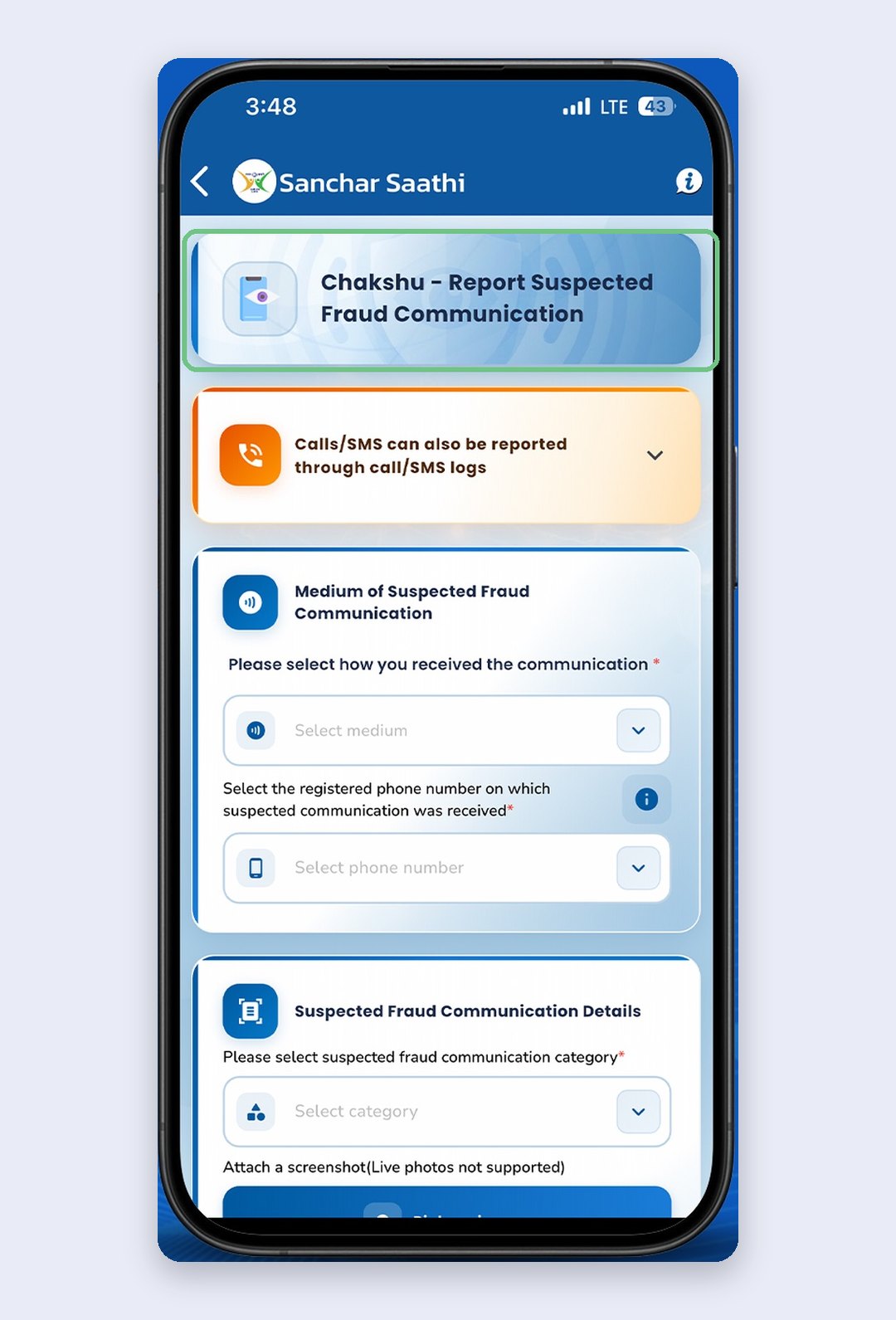 The Chakshu suspected fraud report form in the Sanchar Saathi app, asking for the medium, your phone number and the fraud category