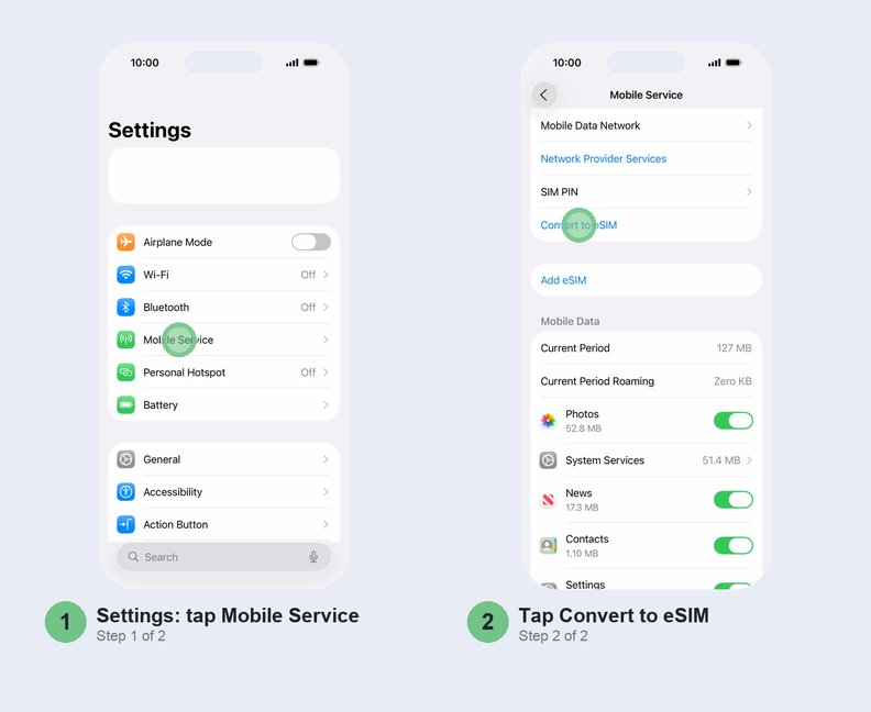 Two steps side by side: tap Mobile Service in Settings, then tap Convert to eSIM on the Mobile Service screen