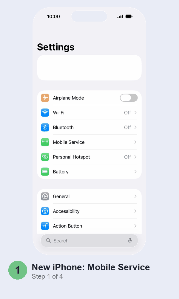 Animated walkthrough: on the new iPhone, tapping Mobile Service in Settings, then Add eSIM, then Transfer From Nearby iPhone; then the Transfer Phone Number card on the old iPhone with its Continue button