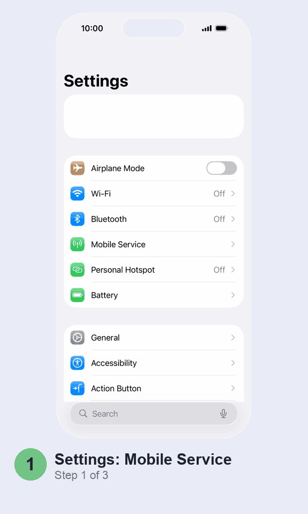 Animated walkthrough: tapping Mobile Service in iPhone Settings, then Add eSIM, then the Use QR Code option on the Set Up eSIM screen