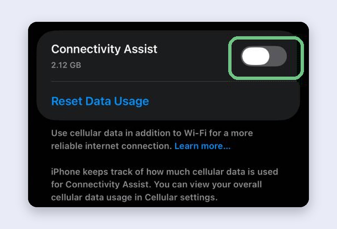 Connectivity Assist switch in iPhone Wi-Fi settings on iOS 27, showing 2.12 GB of mobile data used and a Reset Data Usage link