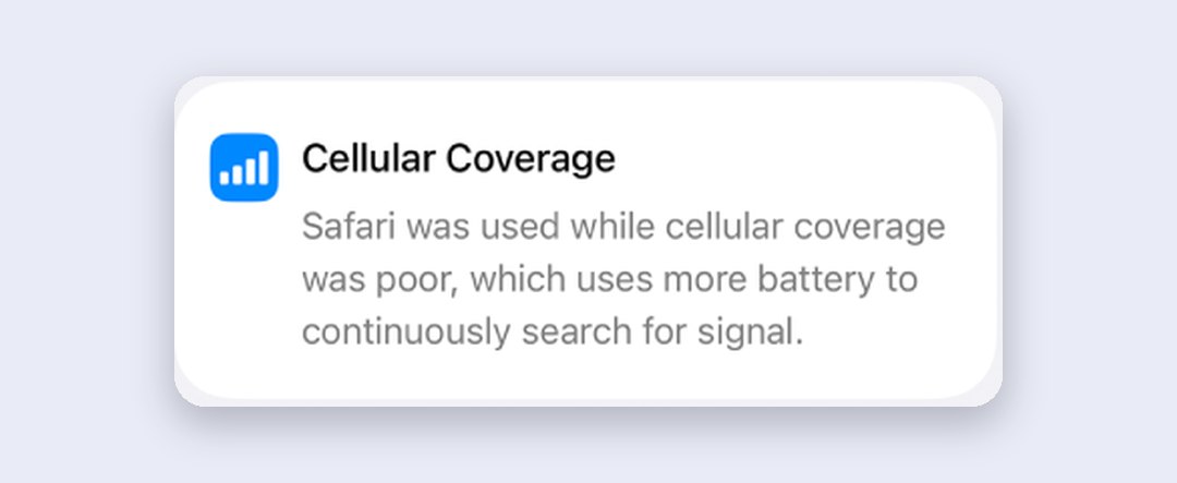 Cellular Coverage note in iPhone battery settings saying Safari was used while coverage was poor, which uses more battery searching for signal