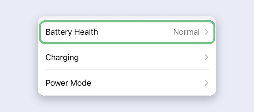 Battery settings on iPhone showing the Battery Health row marked Normal, above Charging and Power Mode