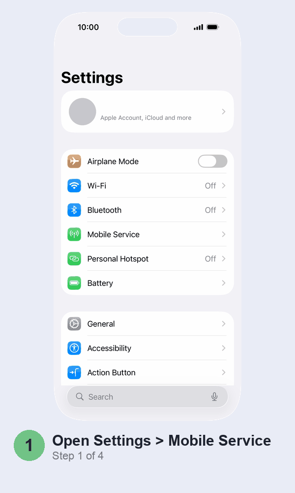 Animated walkthrough: tapping Mobile Service in iPhone Settings, then Mobile Data Options, then Voice & Data, ending on the 5G Auto option