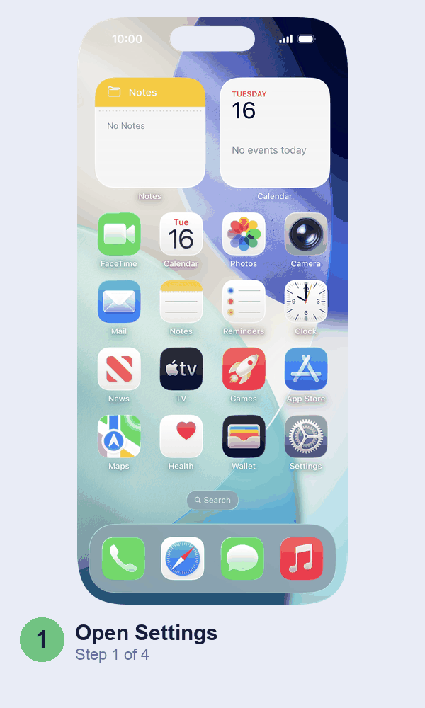 Animated walkthrough: tapping Settings, then General, then About, ending on the Parts & Service screen where the battery is listed as Genuine