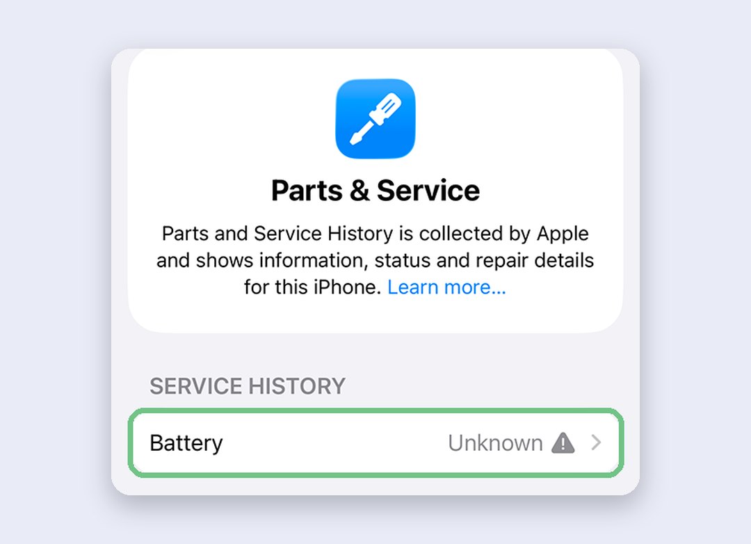 The Parts & Service screen on iPhone listing the Battery as Unknown with a warning sign, which is what a non-genuine or unverified battery shows