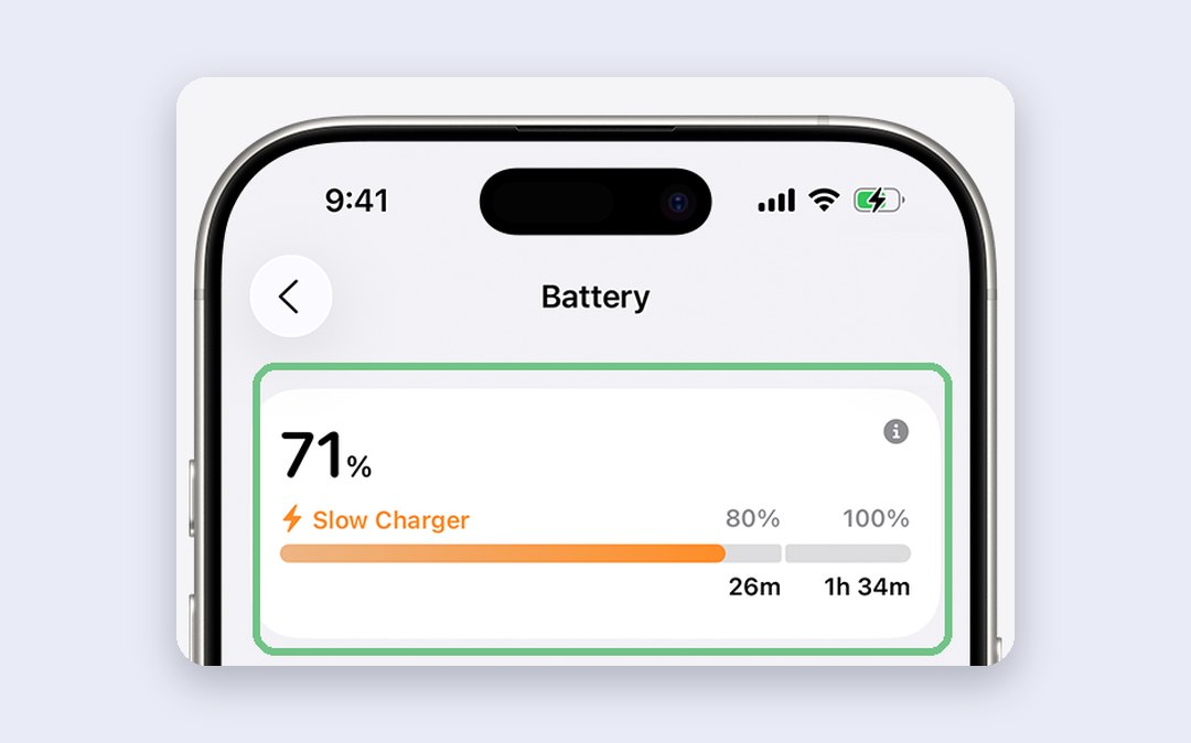 The Battery screen in Settings at 71% with an orange Slow Charger message and the times to reach 80% and 100%