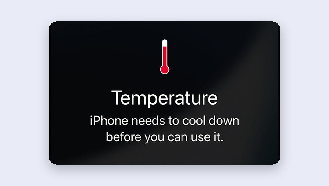 The iPhone temperature warning screen with a red thermometer and the message that iPhone needs to cool down before you can use it