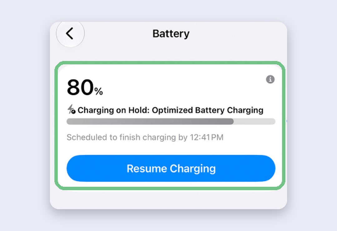 The charging card in Battery settings at 80% reading Charging on Hold: Optimized Battery Charging, scheduled to finish by 12:41 PM, with a blue Resume Charging button