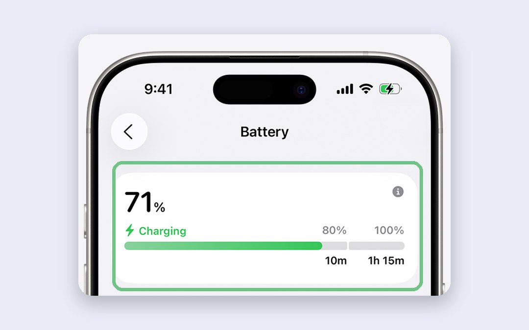 The Battery screen in Settings at 71% and charging, with 10 minutes to reach 80% and 1 hour 15 minutes to reach 100%