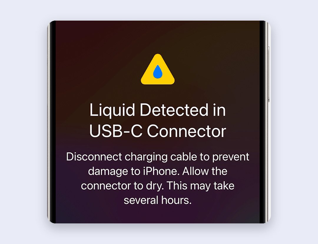 The Liquid Detected in USB-C Connector alert telling you to disconnect the charging cable and let the connector dry