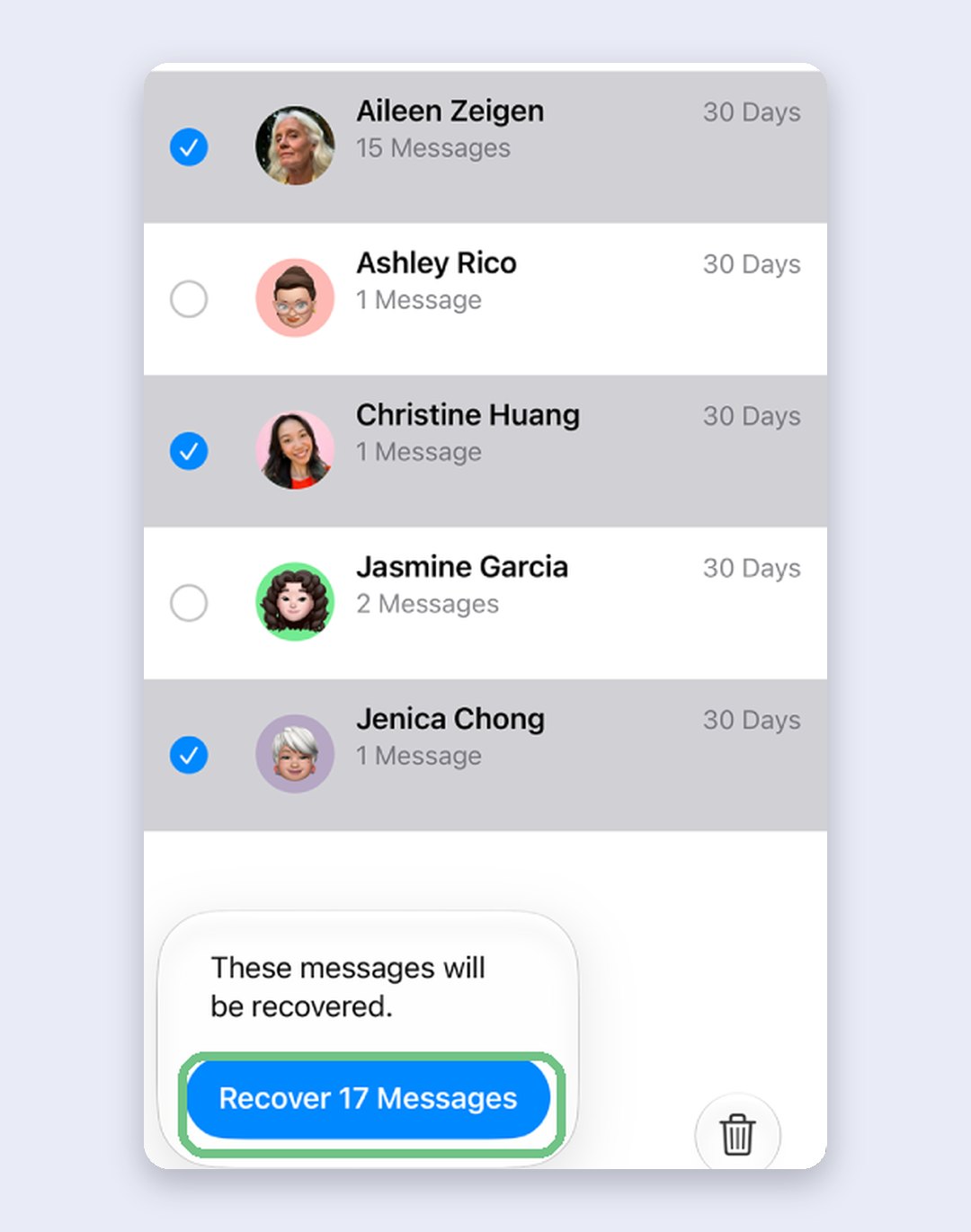 Recently Deleted list in iPhone Messages with three conversations selected and a Recover 17 Messages button