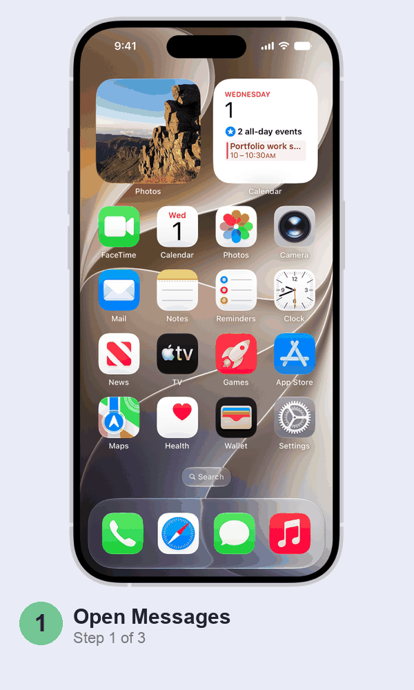 Animated walkthrough: tapping Messages in the iPhone dock, then the filter button at the top right of the conversation list, then the filter menu with Messages, Spam, Recently Deleted and Manage Filtering