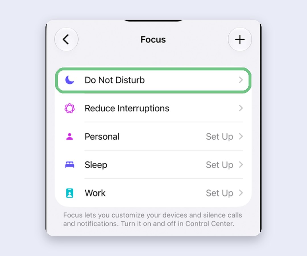 The Focus screen in iPhone Settings listing Do Not Disturb, Reduce Interruptions, Personal, Sleep and Work