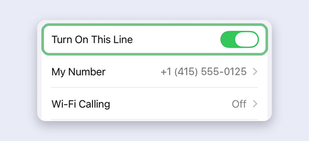 A SIM line's settings on iPhone with Turn On This Line switched on, My Number, and the Wi-Fi Calling row