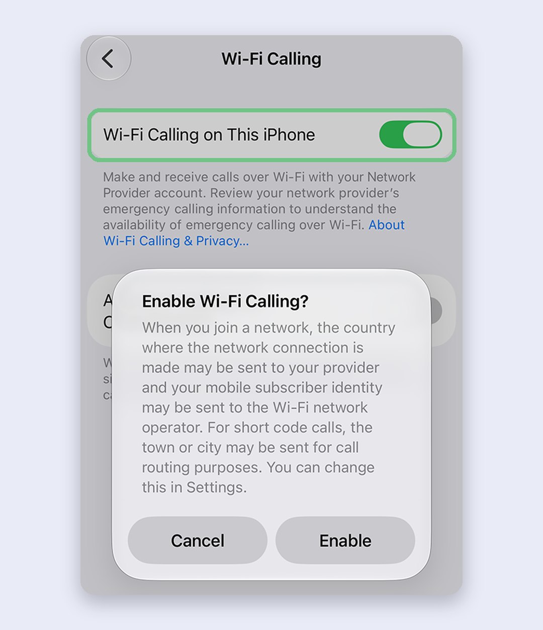 The Wi-Fi Calling screen on iPhone with Wi-Fi Calling on This iPhone switched on and an Enable Wi-Fi Calling? prompt