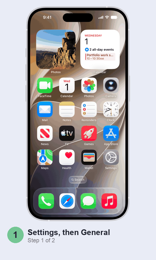Animated walkthrough: tapping Settings on the iPhone Home Screen, then the iPhone Storage screen in iOS 27 with its coloured bar split into Applications, Photos, Messages, Music, iOS and System Data