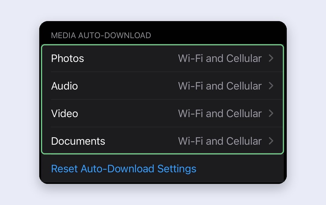 WhatsApp's Media Auto-Download settings on iPhone, with Photos, Audio, Video and Documents each set to Wi-Fi and Cellular