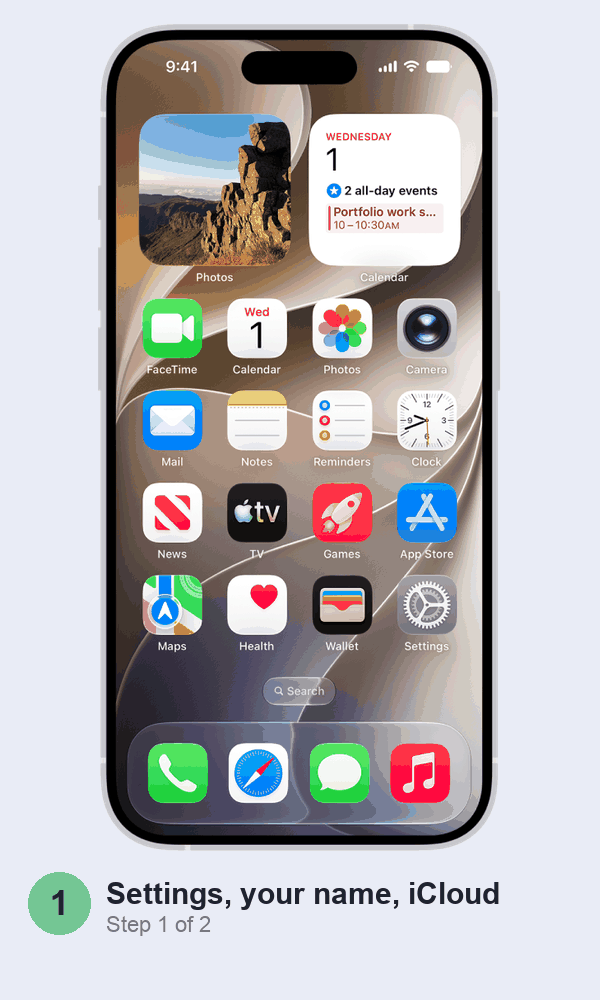 Animated walkthrough: tapping Settings on the iPhone Home Screen, then iCloud's Recommended For You screen suggesting Sync Photos to iCloud with a Turn on iCloud Photos button