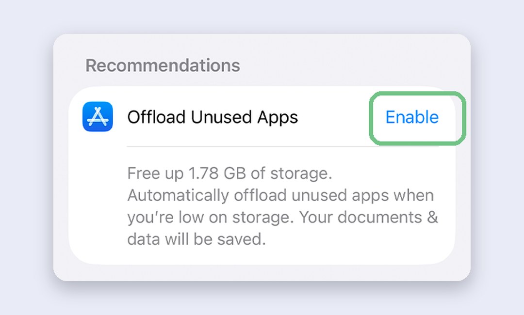 The Offload Unused Apps recommendation on the iPhone Storage screen, offering to free 1.78 GB, with an Enable button