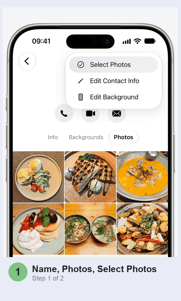 Animated walkthrough: choosing Select Photos from a contact's Photos tab in Messages, then the delete button in Messages' Recently Deleted list
