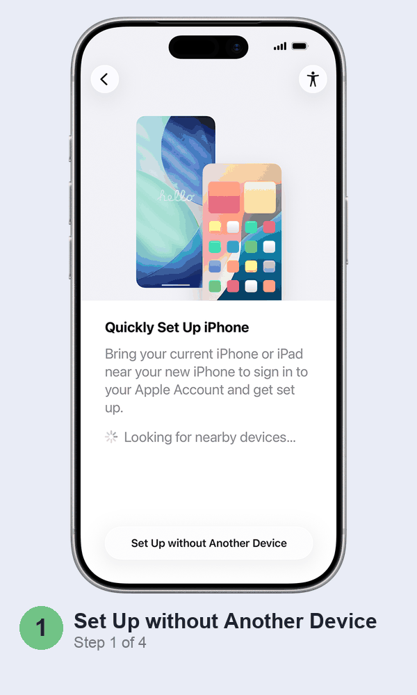 Animated walkthrough of a new iPhone's setup: tapping Set Up without Another Device on the Quick Start screen, then From Android on Transfer Your Apps & Data, then Transfer with App, then the one-time code to type into Move to iOS on the Android phone