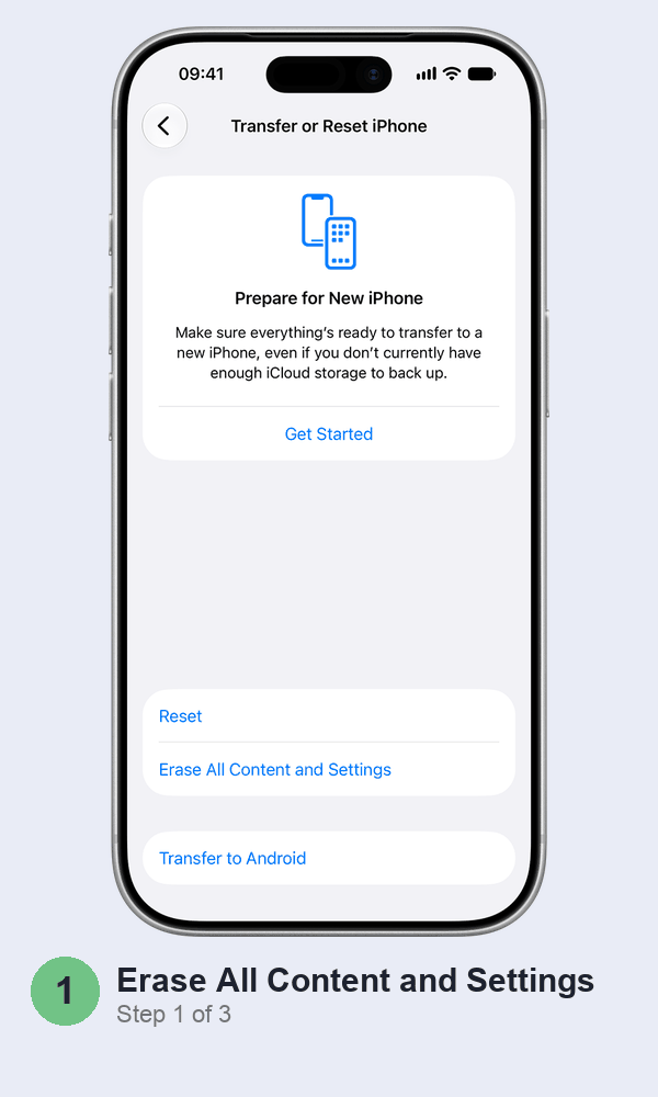 Animated walkthrough: on the Transfer or Reset iPhone screen, tapping Erase All Content and Settings, then Continue on Erase This iPhone, then choosing Keep eSIM and Erase Data in the confirmation box