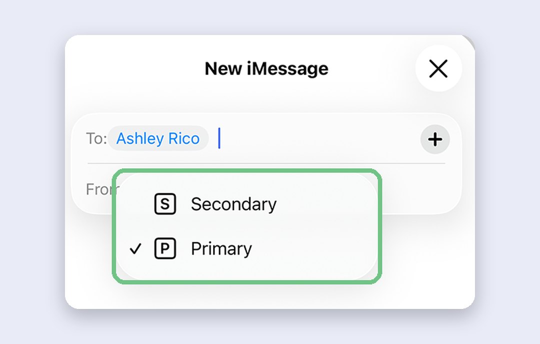 A new message on iPhone with the From line opened, offering a choice between the Primary and Secondary lines