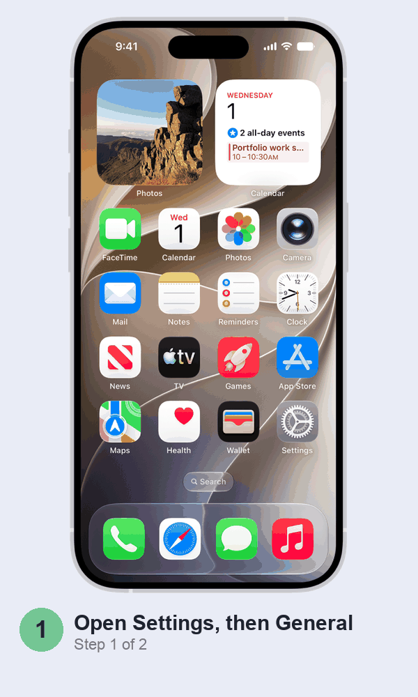 Animated walkthrough: tapping Settings on the iPhone Home Screen, then the Software Update screen with an Update Now button